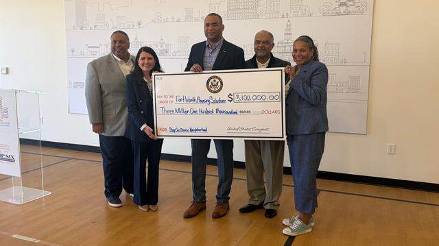 Congressman Marc Veasey announced $3.1 million in federal funding Thursday, March 12, for infrastructure to support the second and third phases of Hughes House in the Stop Six Choice Neighborhood Initiative. From left to right: County Commissioner Roderick Miles, Mary-Margaret Lemons, president of Fort Worth Housing Solutions; Veasey, Brian Dennison, chief development officer of Fort Worth Housing Solutions; and City Councilwoman Deborah Peoples.